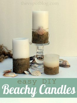 Give plain pillar candles a beachy look with sand and seashells.