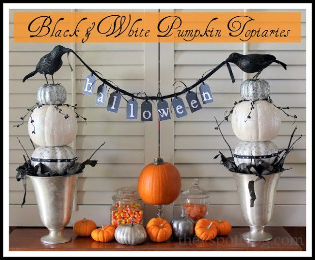 Black & white pumpkin topiaries for Halloween