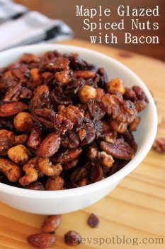 Maple glazed spiced nuts with Bacon bits – an elevated twist on a standard snack