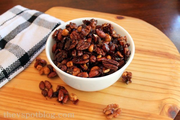 spicy mixed nuts with maple glaze and bacon bits
